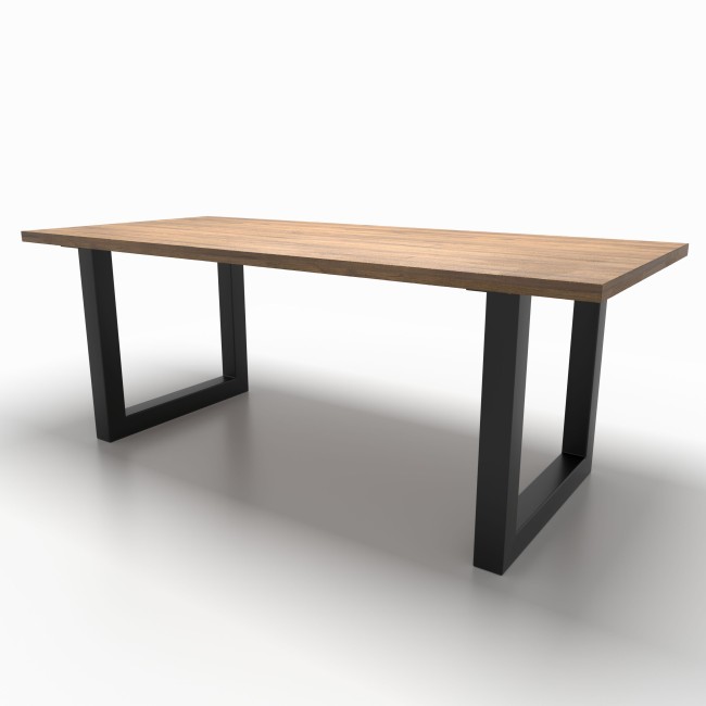 Table with robust black iron legs, perfect for industrial chic settings.
